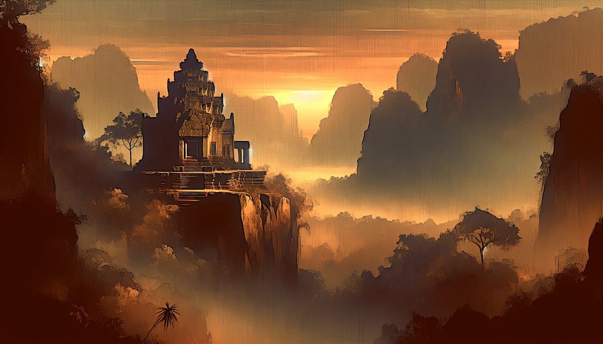 Ancient temple on cliff edge overlooking misty jungle valley at dawn