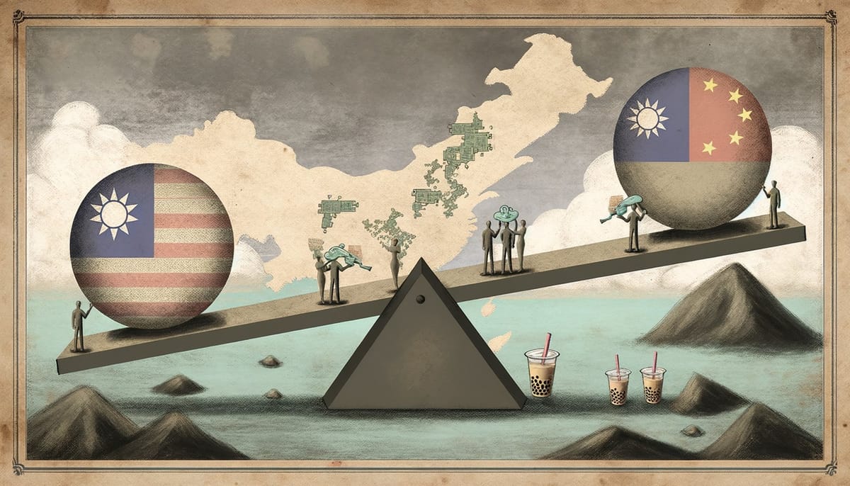 Calm Taiwan Strait at dusk with distant cargo ship silhouette