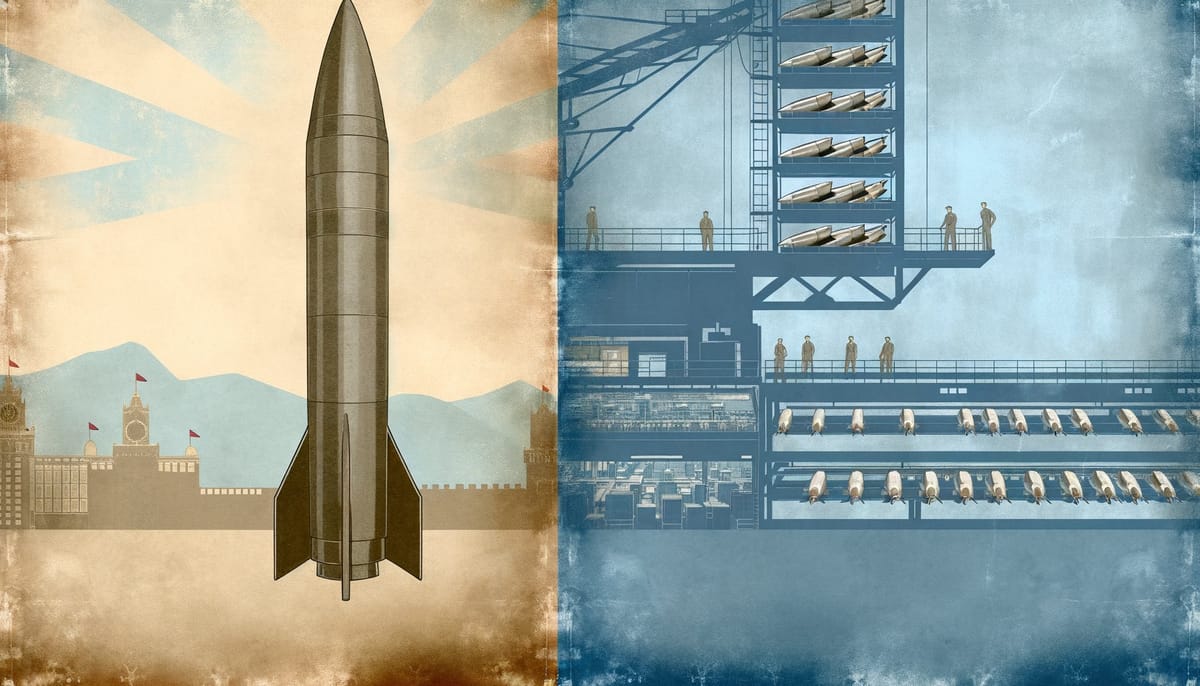 Industrial munitions factory interior with artillery shell production line