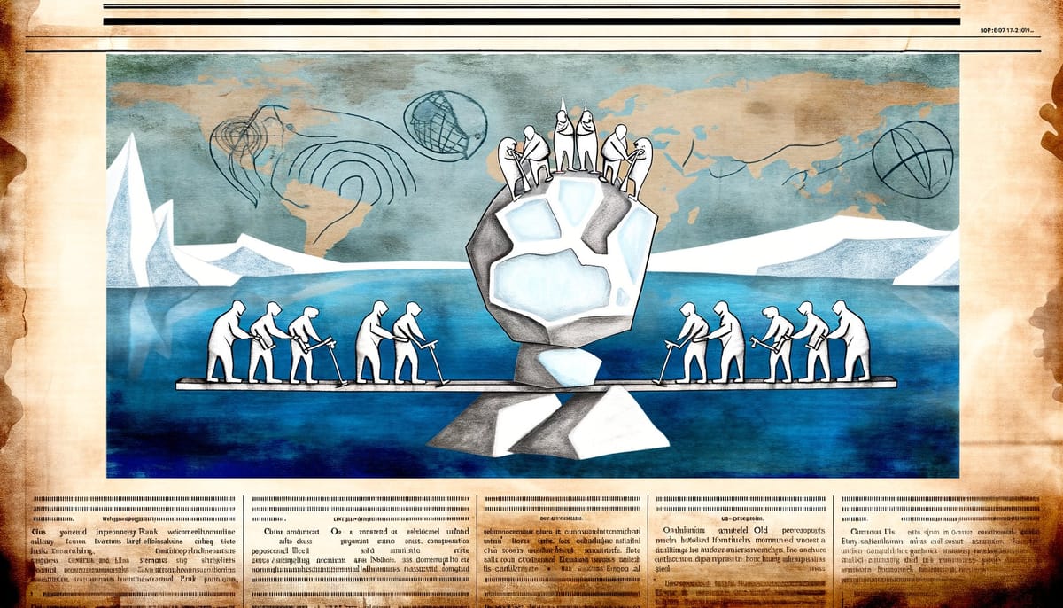 Antarctic research stations scattered across ice shelf at polar twilight