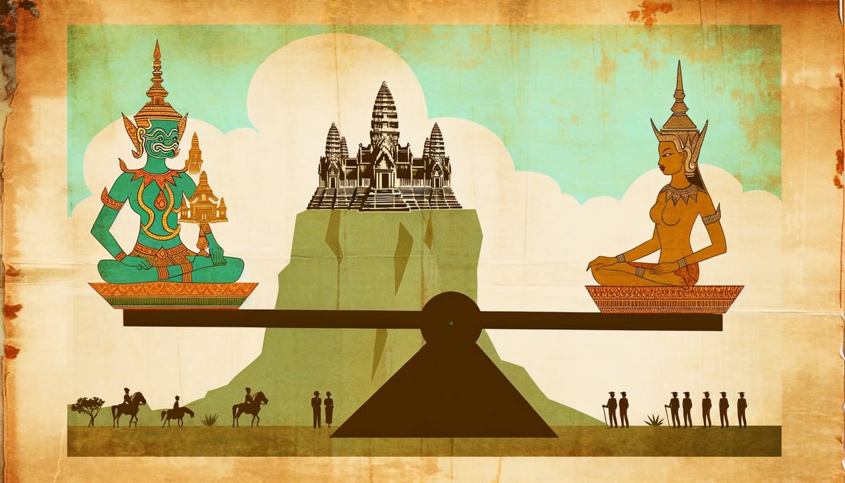 Ancient temple on cliff edge overlooking misty jungle valley at dawn