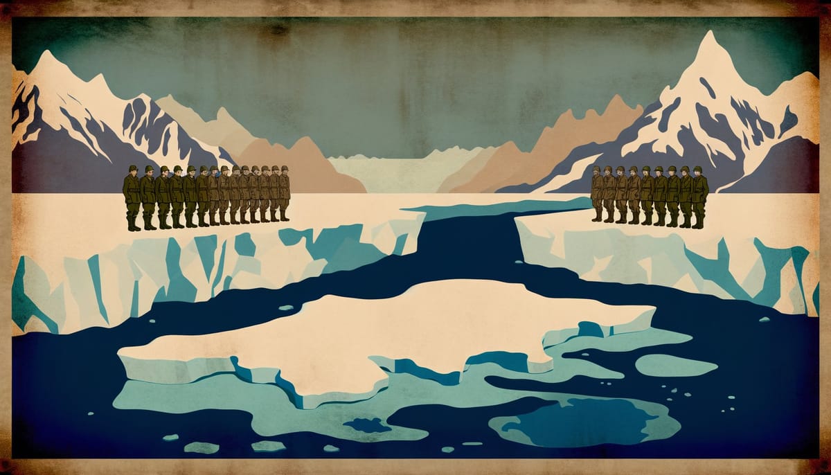 Military outpost silhouetted against Himalayan glaciers at dawn