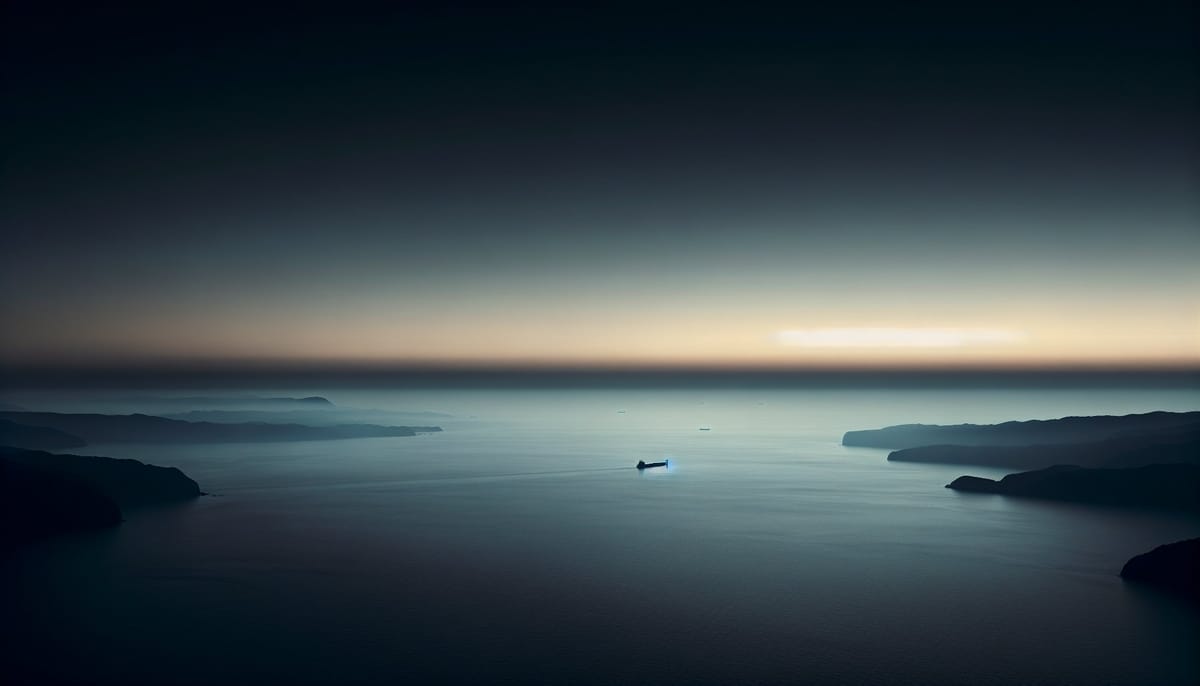 Calm Taiwan Strait at dusk with distant cargo ship silhouette