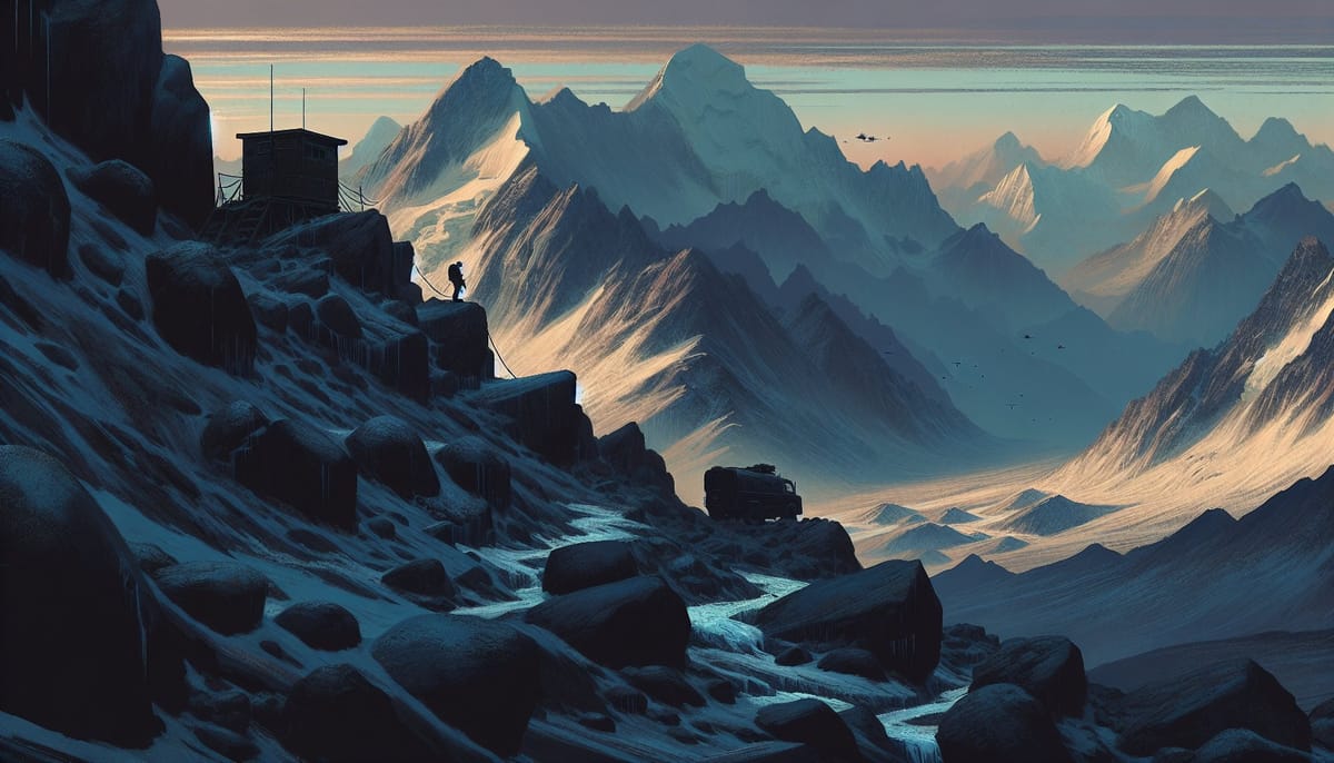 Military outpost silhouetted against Himalayan glaciers at dawn
