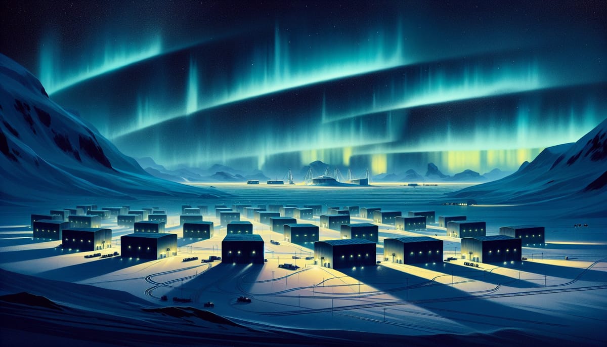 Antarctic research stations scattered across ice shelf at polar twilight