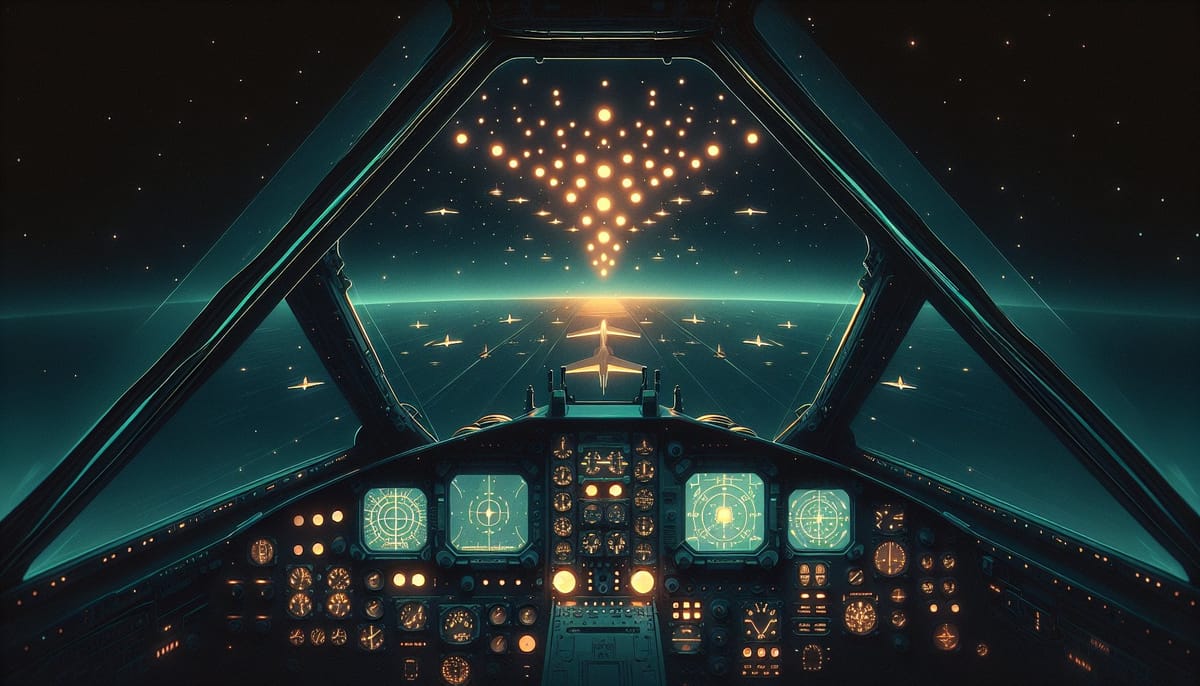 Fighter jet cockpit at night with ambiguous lights visible through canopy