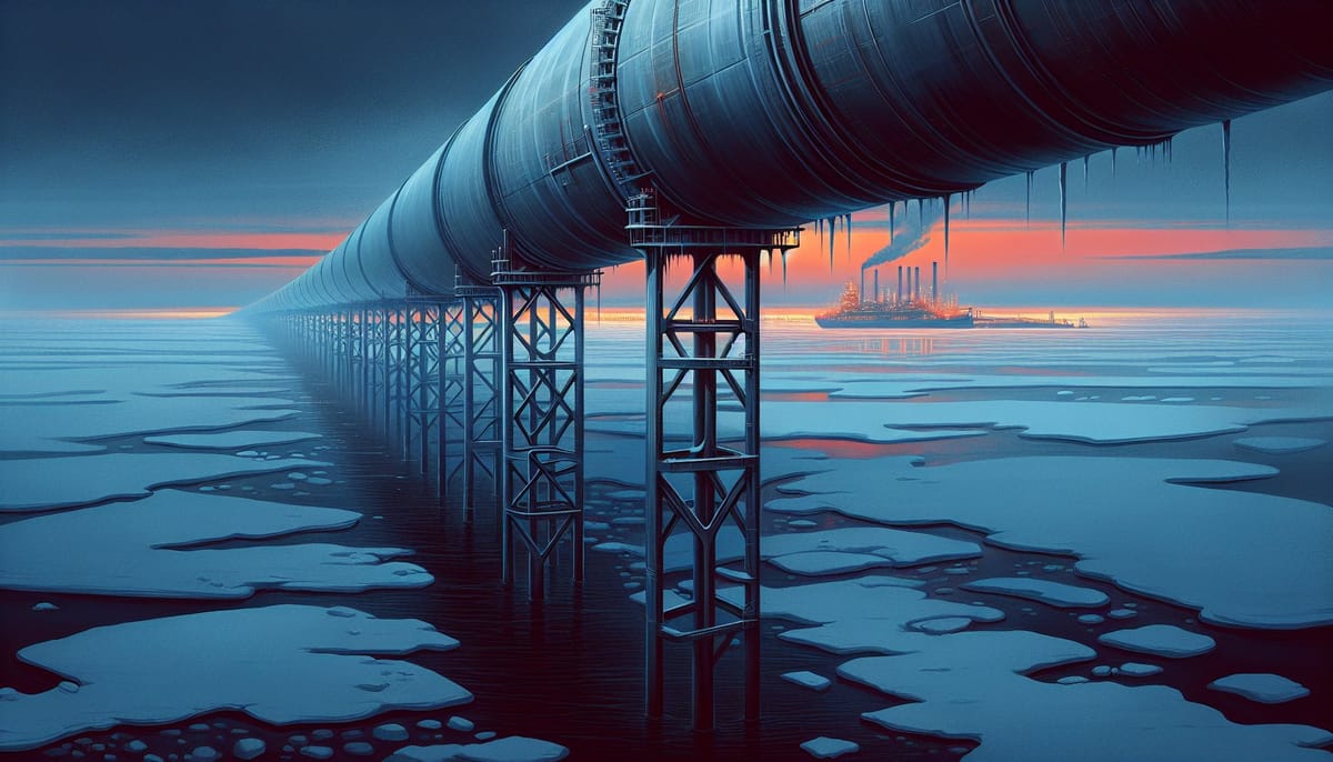 Industrial pipeline crossing frozen Baltic seascape at twilight