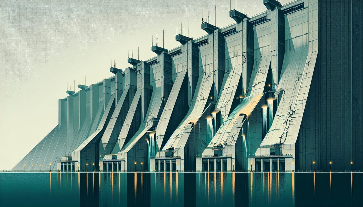 Concrete dam with water seeping through hairline cracks